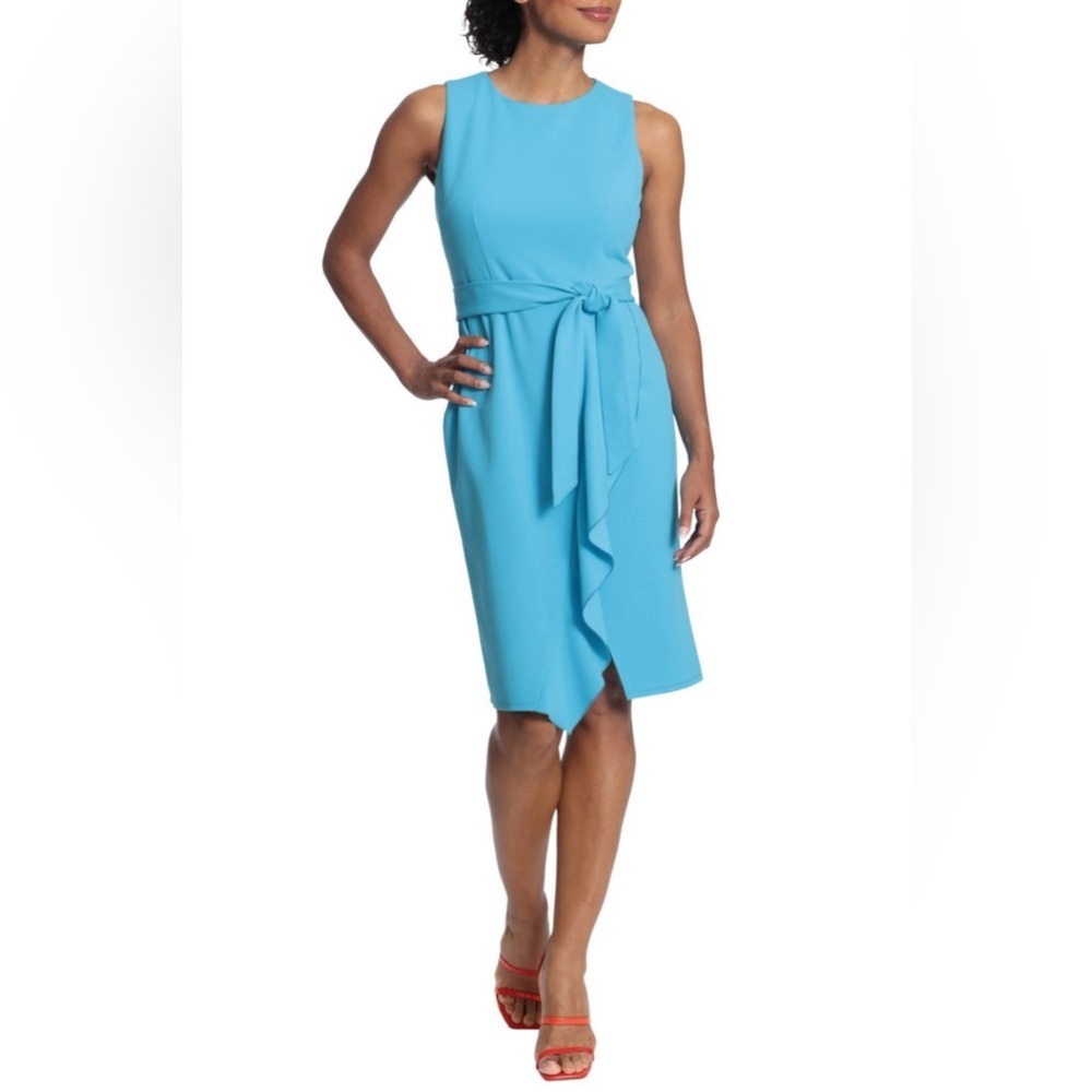 Donna Morgan Cyan Blue Sleeveless Ruffle Skirt Sheath Dress